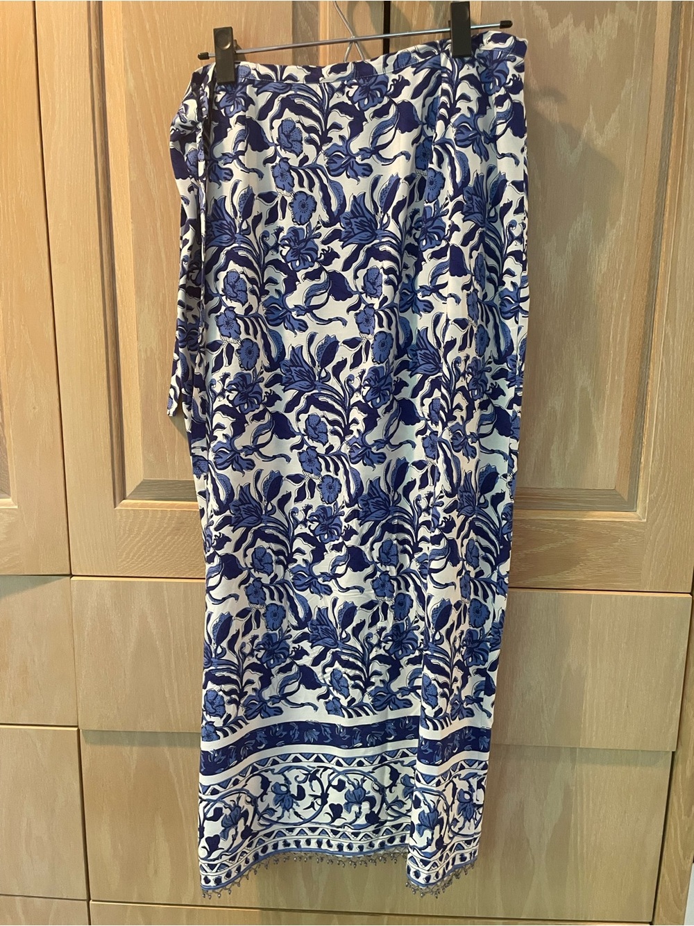 Silk Blue & White Floral Maxi Wrap Skirt with Beaded Hem